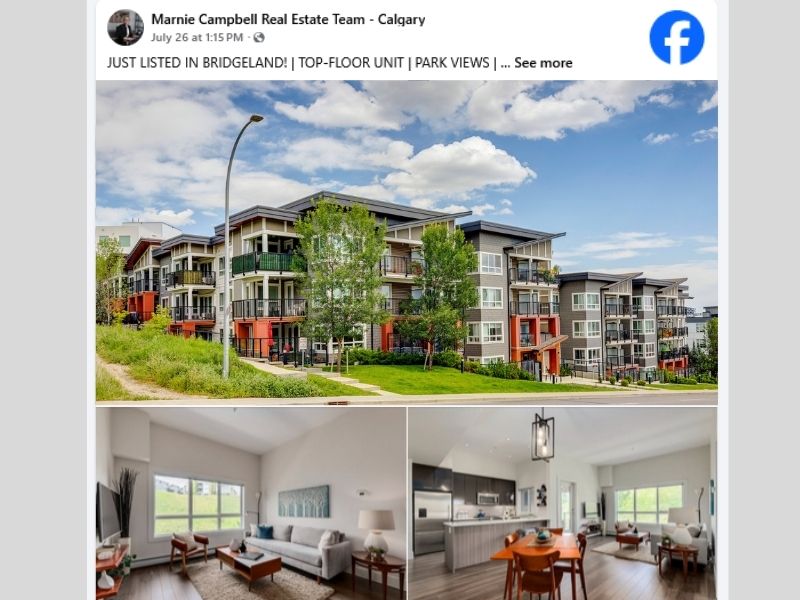 Facebook marketing collage of Bridgeland Hill condo showing exterior, living room, and kitchen