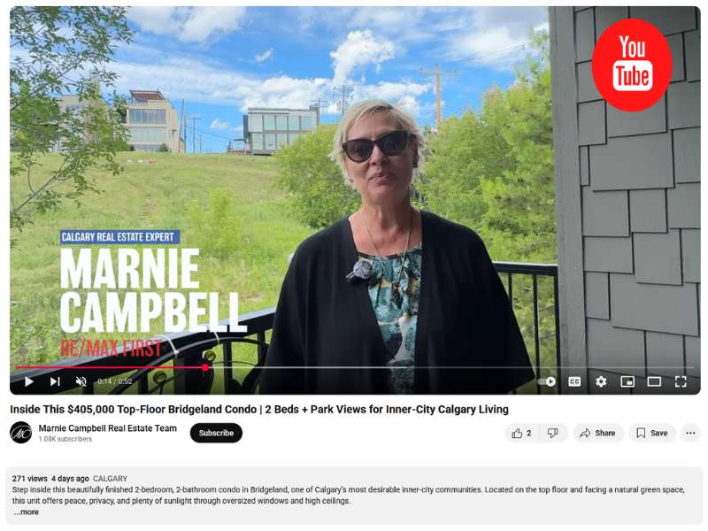 YouTube video tour of Bridgeland Hill top-floor condo with Marnie Campbell Real Estate Team branding