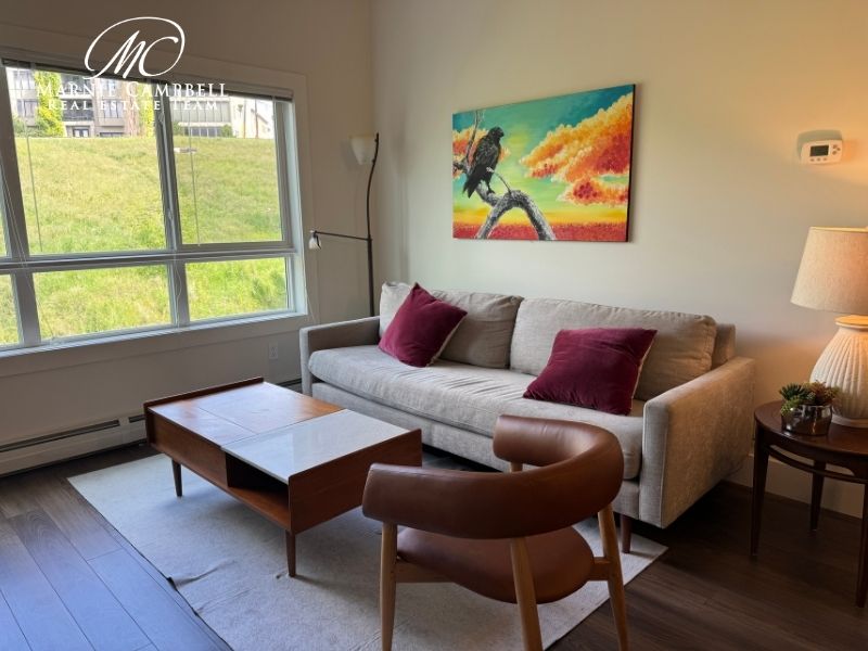 Unstaged Bridgeland Hill condo living room before listing, with casual decor and mismatched furniture