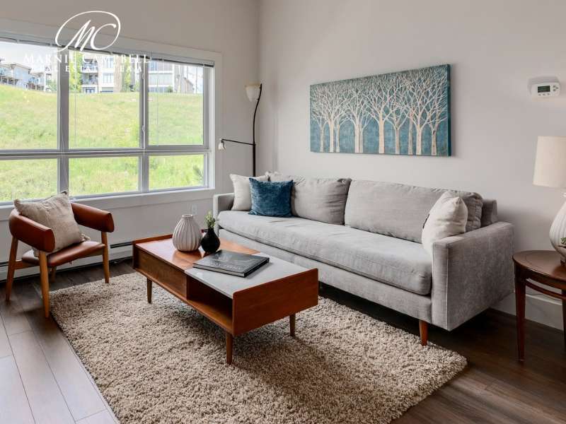 Professionally staged Bridgeland Hill condo living room with modern furniture, cozy rug, and inviting layout