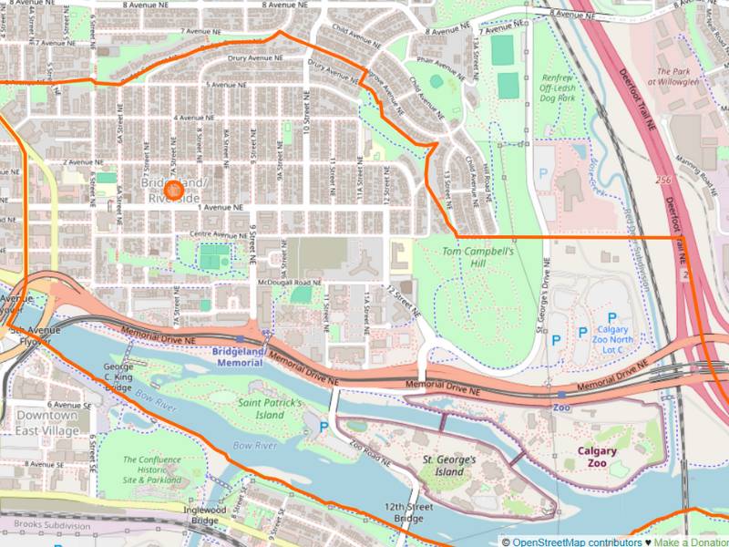 Map of Bridgeland and Riverside Calgary showing Bow River and LRT