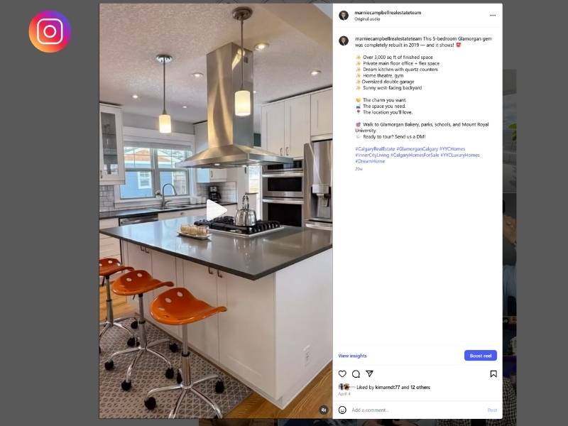 Instagram post marketing a Calgary home with professional photography, highlighting modern kitchen and lifestyle appeal.