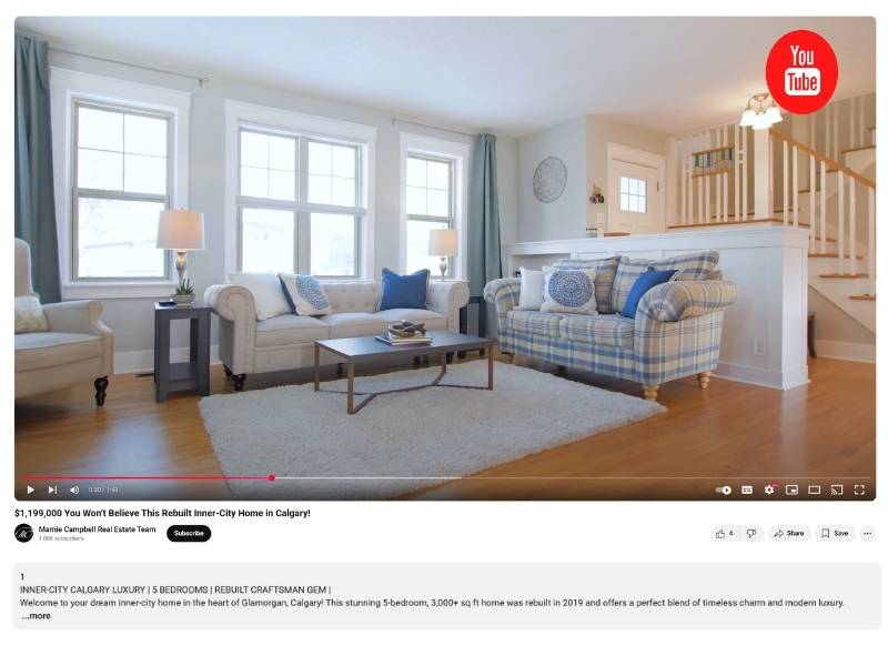 YouTube video tour of Calgary luxury home showing bright living room, professional staging, and open layout.