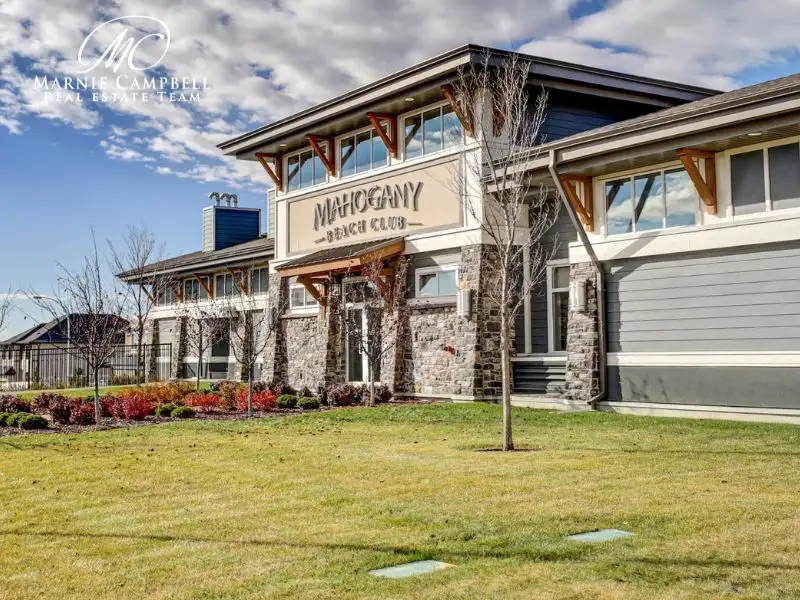 Mahogany Beach Club in Calgary with craftsman-style architecture and landscaped grounds